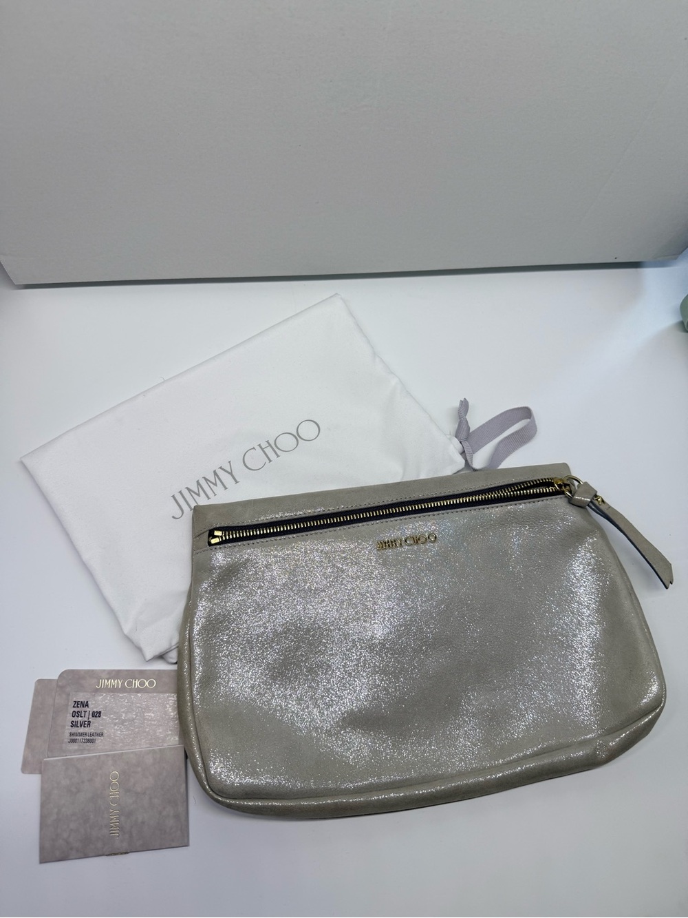Jimmy Choo Zena shimmer light gold leather clutch